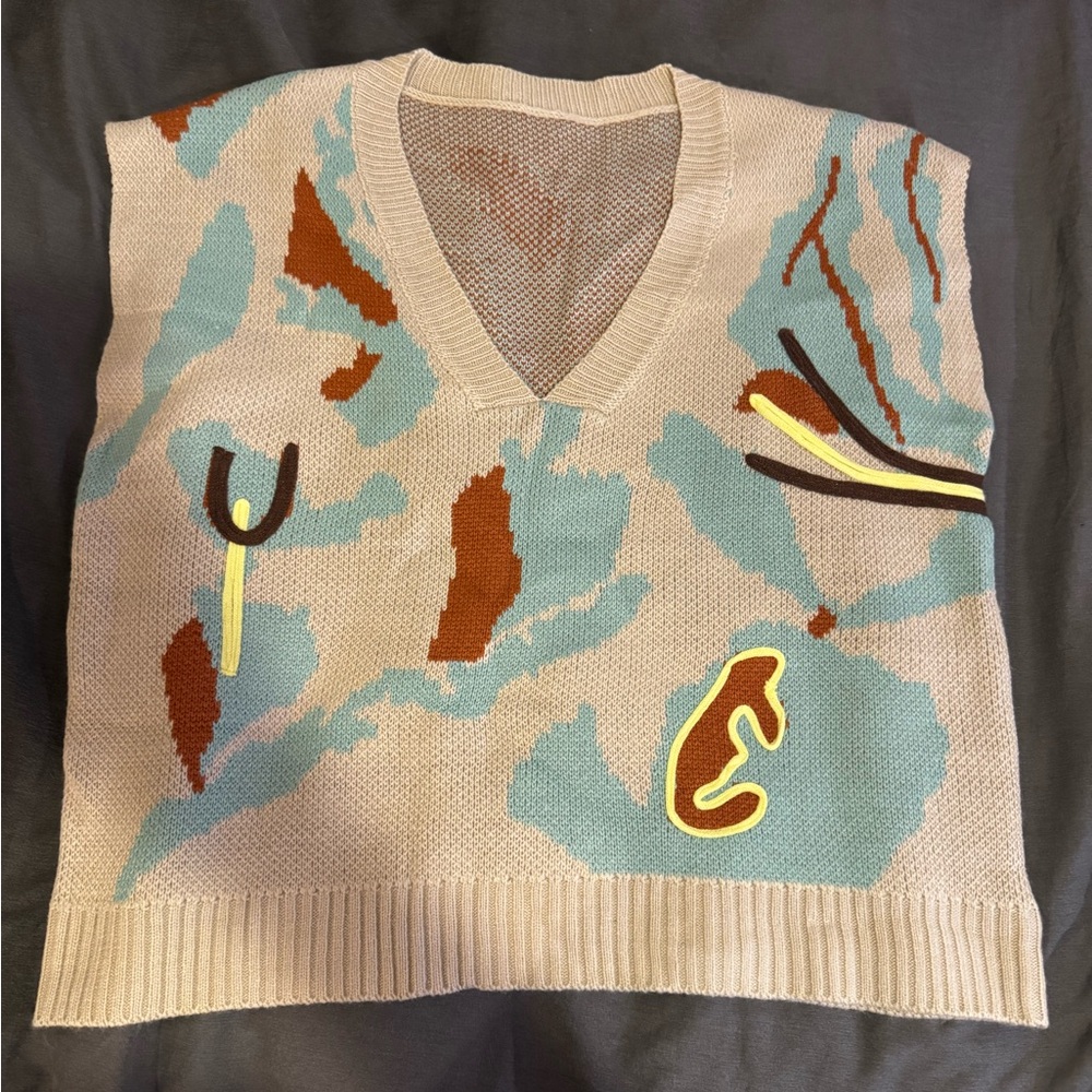 SHEIN Beige Patchwork V-Neck Knit Vest with Teal and Brown Accents